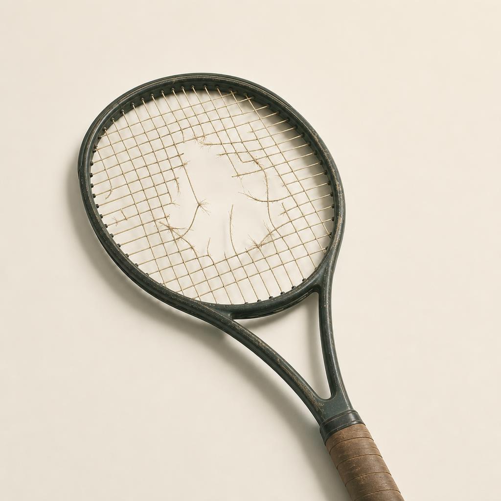 A tennis racket with broken polyester strings